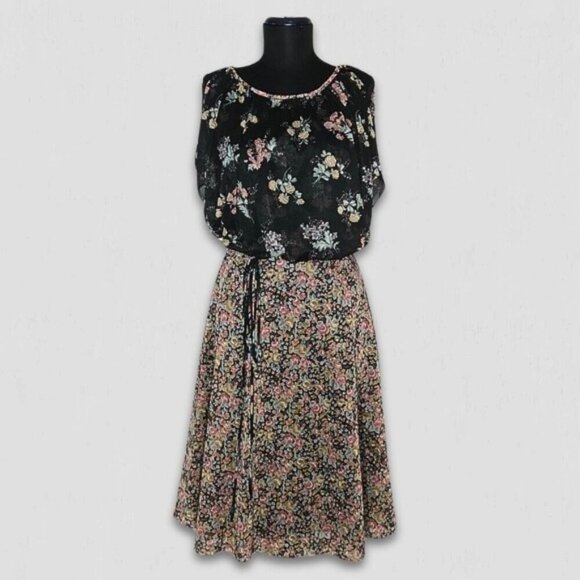 Vintage 80s Floral Full Swing Dress Black Boho Medium - Picture 1 of 10